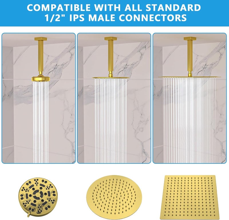 Lordear Shower Arm 6 Inch Gold Ceiling Mount Shower Arm and Flange,6”Shower Head Extension Arm Design for Rainfall Showerhead,Square - Image 2